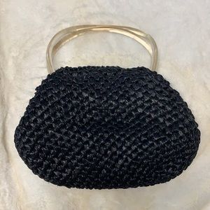 Vintage Black Woven Bag with Gold Handles
